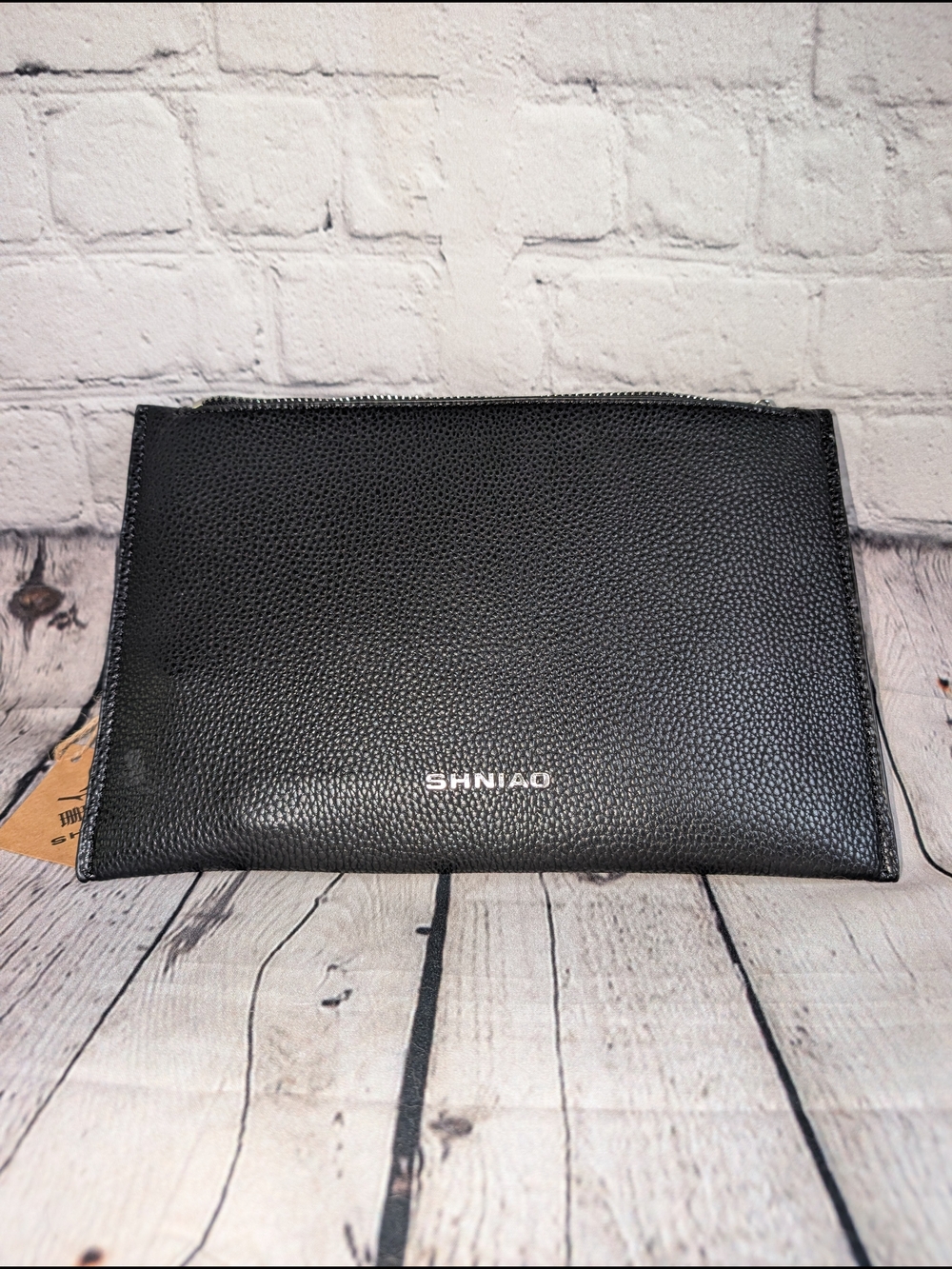 Shniao Black Leather Zip Pouch Wristlet Clutch NWT